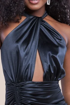 Halter Neck Front Split Satin Maxi Dress - Black by Goddiva