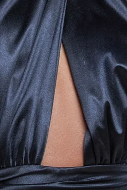 Halter Neck Front Split Satin Maxi Dress - Black by Goddiva