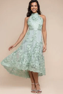 Halter Neck Lace High And Low Dress - Sage Green by Goddiva
