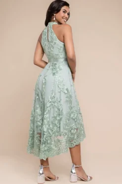 Halter Neck Lace High And Low Dress - Sage Green by Goddiva