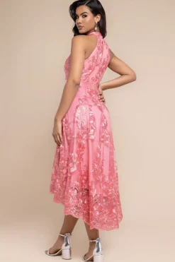 Halter Neck Lace High And Low Dress - Coral by Goddiva