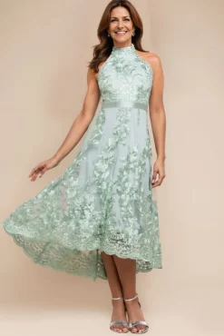 Halter Neck Lace High And Low Dress - Sage Green by Goddiva