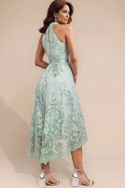 Halter Neck Lace High And Low Dress - Sage Green by Goddiva