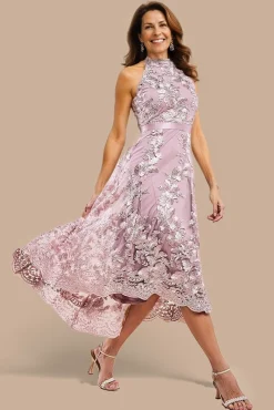 Halter Neck Lace High And Low Dress - Blush Pink by Goddiva