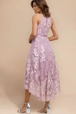 Halter Neck Lace High And Low Dress - Blush Pink by Goddiva