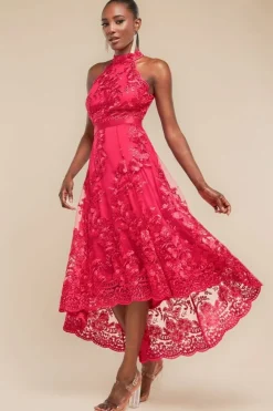 Halter Neck Lace High And Low Dress - Magenta by Goddiva