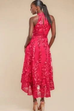 Halter Neck Lace High And Low Dress - Magenta by Goddiva