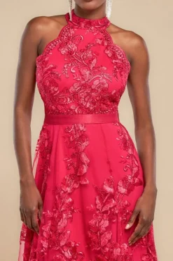 Halter Neck Lace High And Low Dress - Magenta by Goddiva