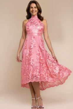 Halter Neck Lace High And Low Dress - Coral by Goddiva