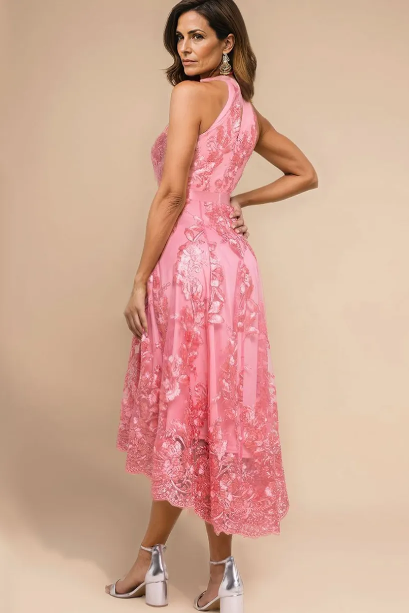 Halter Neck Lace High And Low Dress - Coral by Goddiva