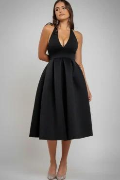 Halter Neck Pleated A-Line Midaxi Dress - Black by Goddiva