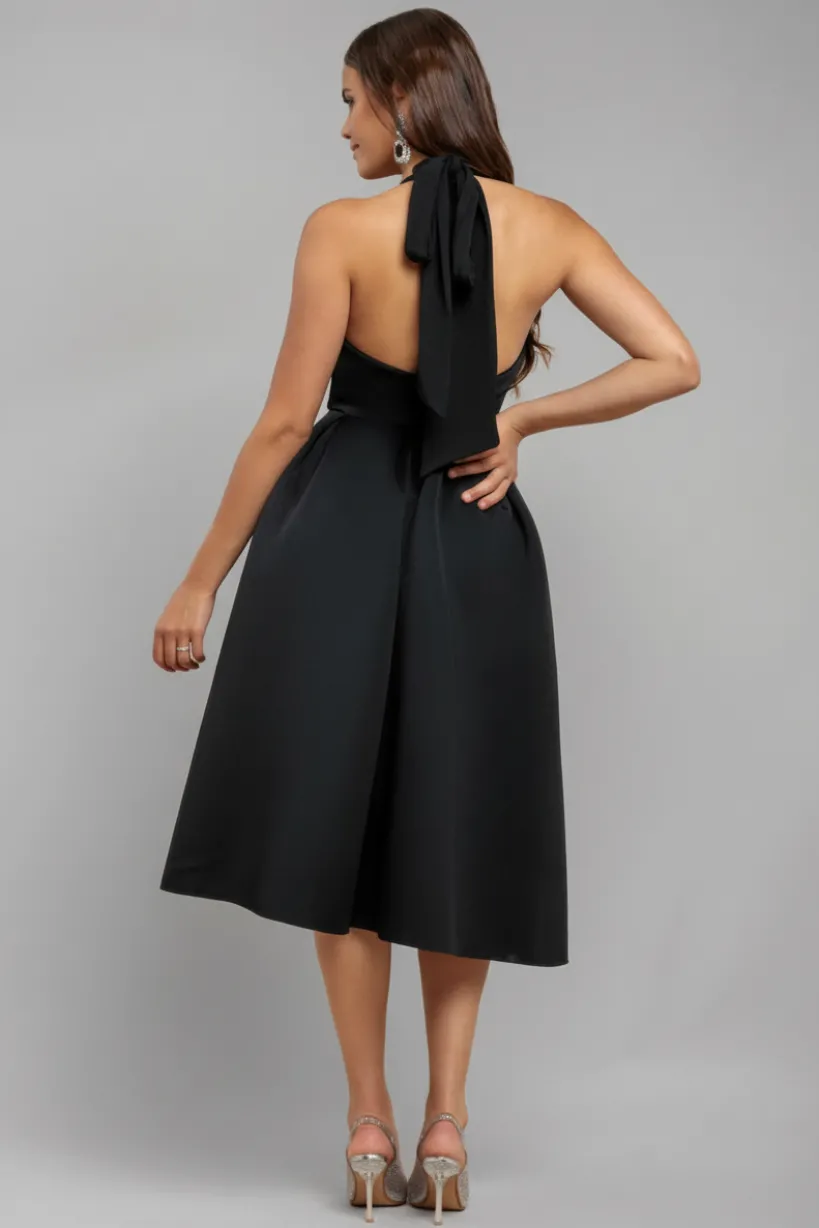 Halter Neck Pleated A-Line Midaxi Dress - Black by Goddiva