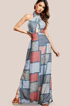 Halter Neck Printed Maxi Dress - Blue by City Goddess