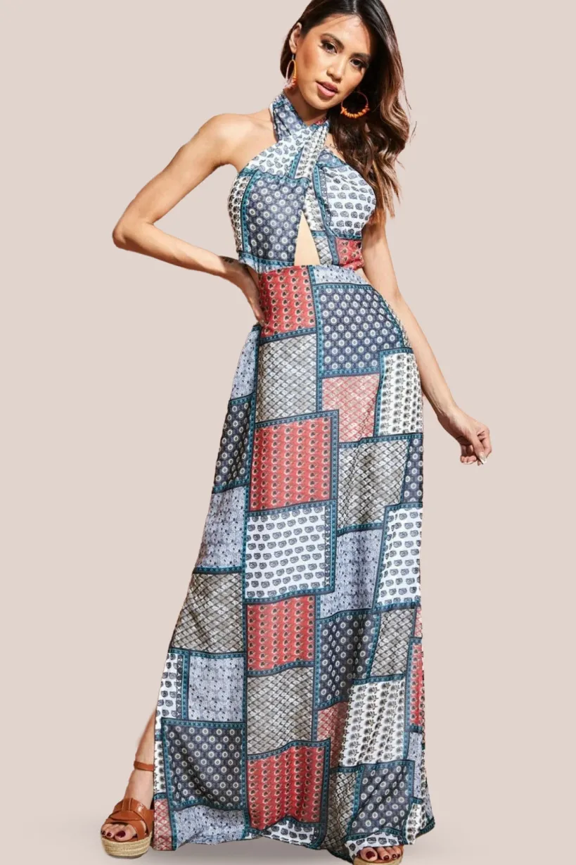 Halter Neck Printed Maxi Dress - Blue by City Goddess