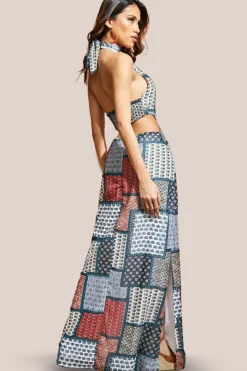 Halter Neck Printed Maxi Dress - Blue by City Goddess