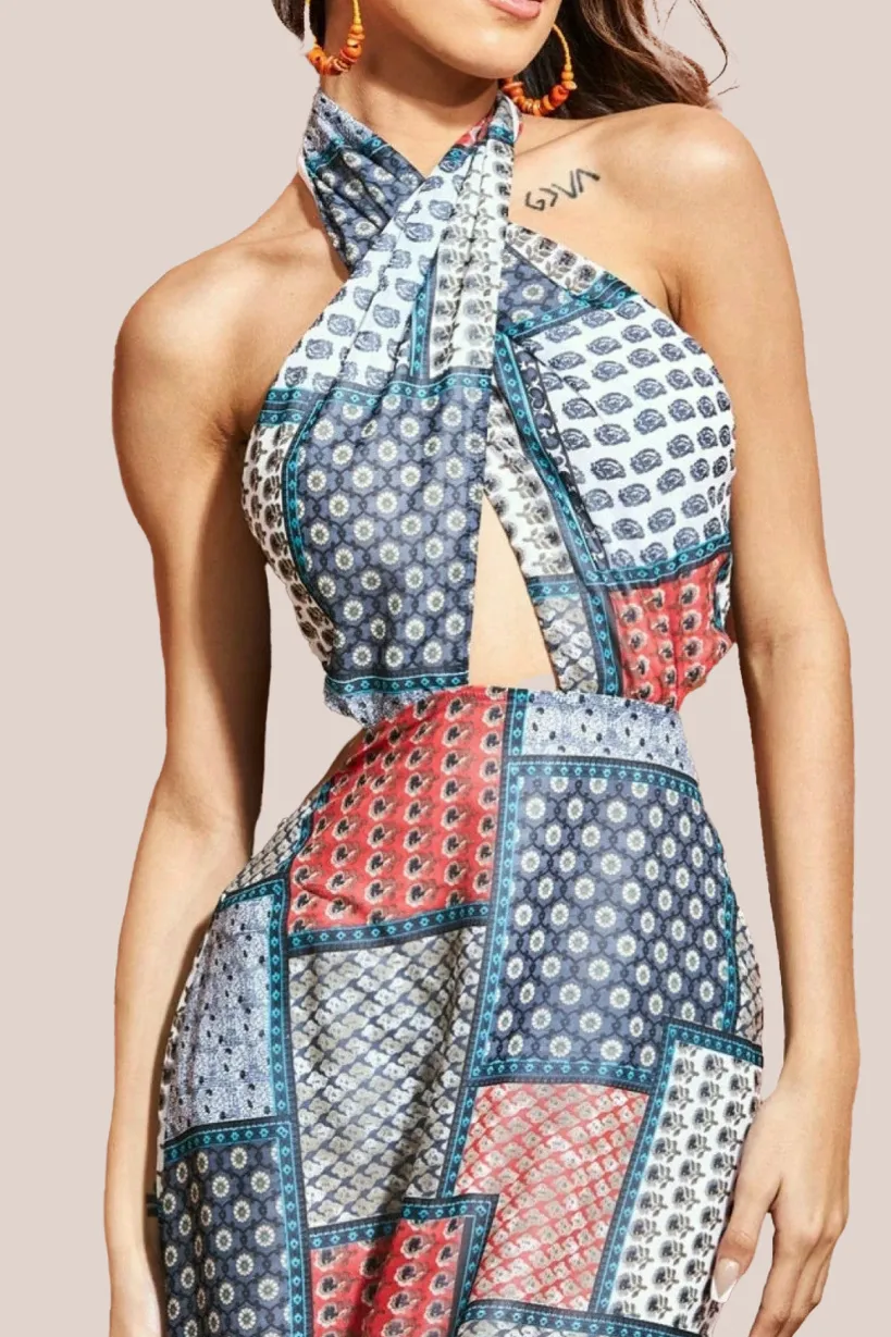 Halter Neck Printed Maxi Dress - Blue by City Goddess