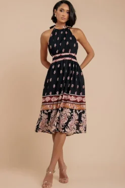 Halter Neck Printed Midi Dress - Black by City Goddess
