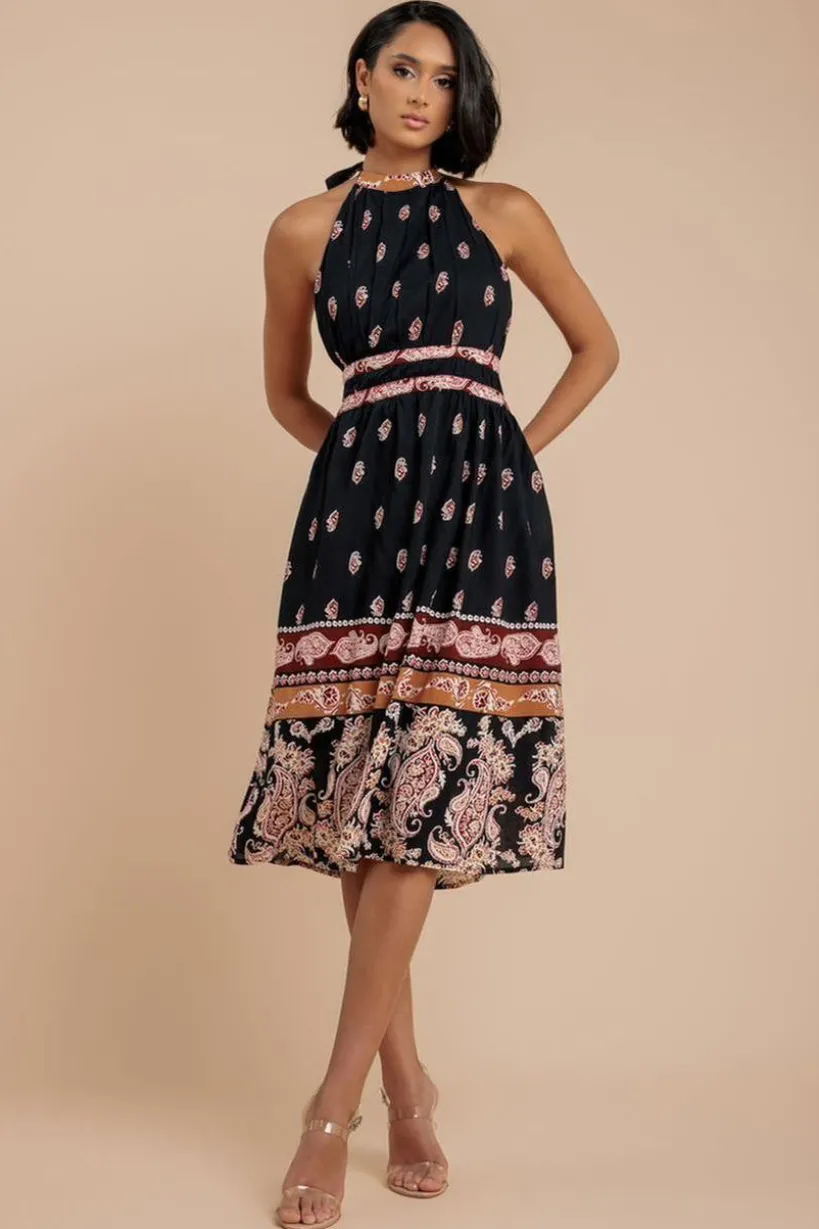 Halter Neck Printed Midi Dress - Black by City Goddess
