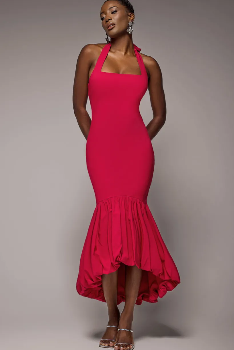 Halter Neck Puff Hem Mermaid Midaxi Dress - Red by Goddiva