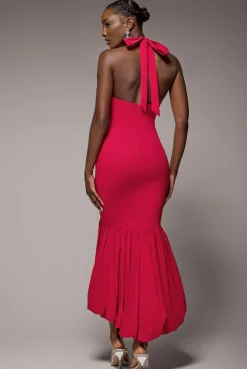 Halter Neck Puff Hem Mermaid Midaxi Dress - Red by Goddiva