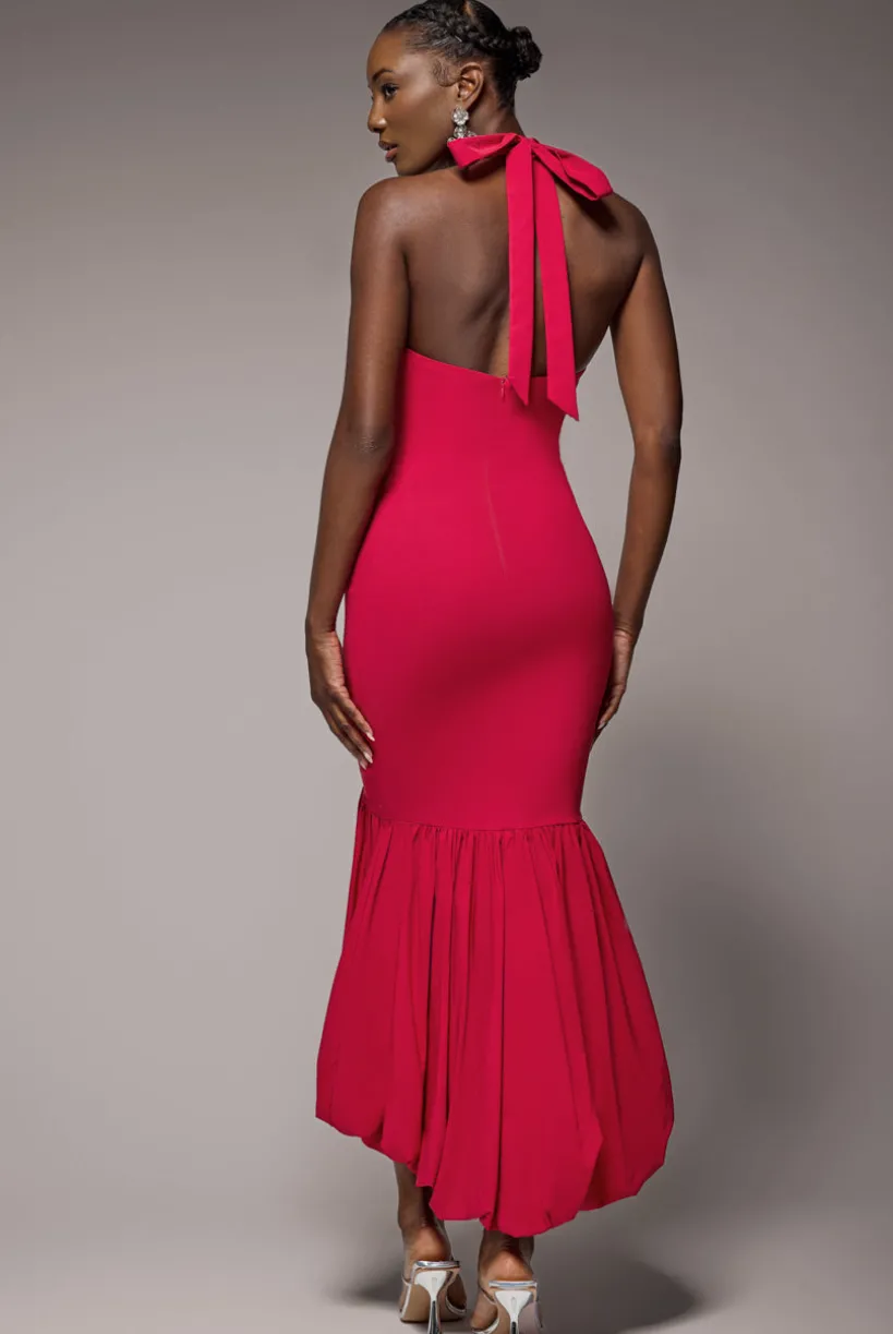 Halter Neck Puff Hem Mermaid Midaxi Dress - Red by Goddiva