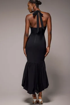 Halter Neck Puff Hem Mermaid Midaxi Dress - Black by Goddiva