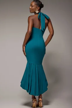 Halter Neck Puff Hem Mermaid Midaxi Dress - Emerald Green by Goddiva