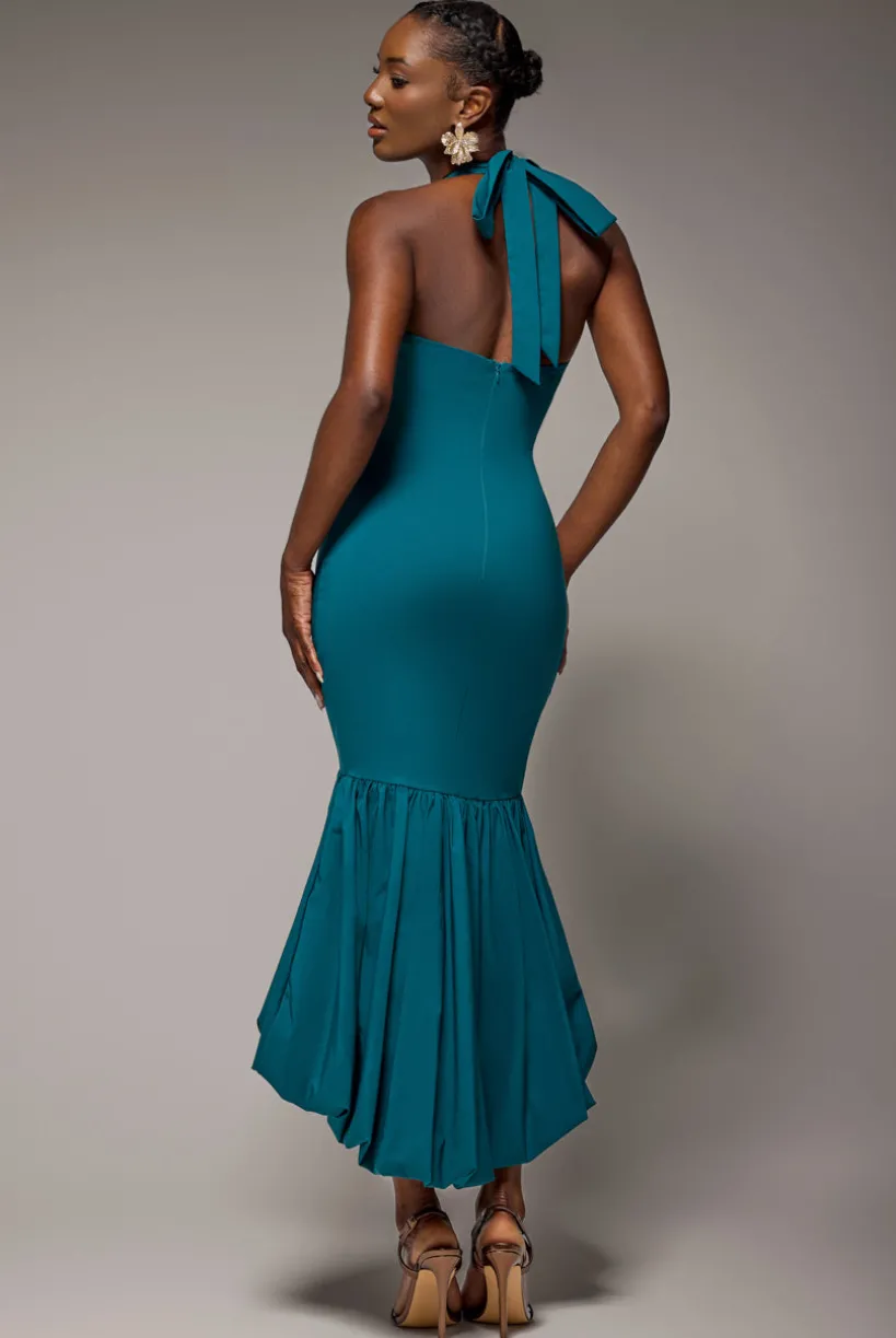 Halter Neck Puff Hem Mermaid Midaxi Dress - Emerald Green by Goddiva