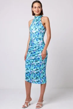 Halter Neck Ruched Sides Midi Dress In Green Print by Angeleye