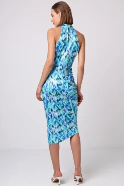 Halter Neck Ruched Sides Midi Dress In Green Print by Angeleye