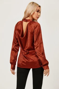 Halter Neck Satin Long Sleeve Blouse Top In Copper Red by FS Collection
