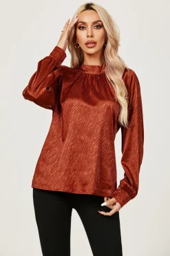 Halter Neck Satin Long Sleeve Blouse Top In Copper Red by FS Collection
