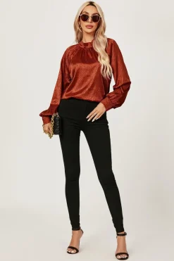 Halter Neck Satin Long Sleeve Blouse Top In Copper Red by FS Collection