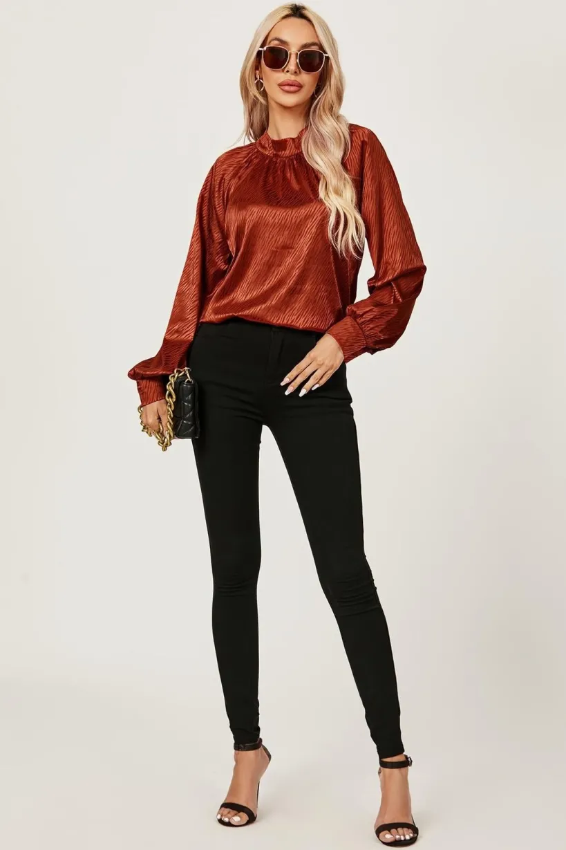 Halter Neck Satin Long Sleeve Blouse Top In Copper Red by FS Collection