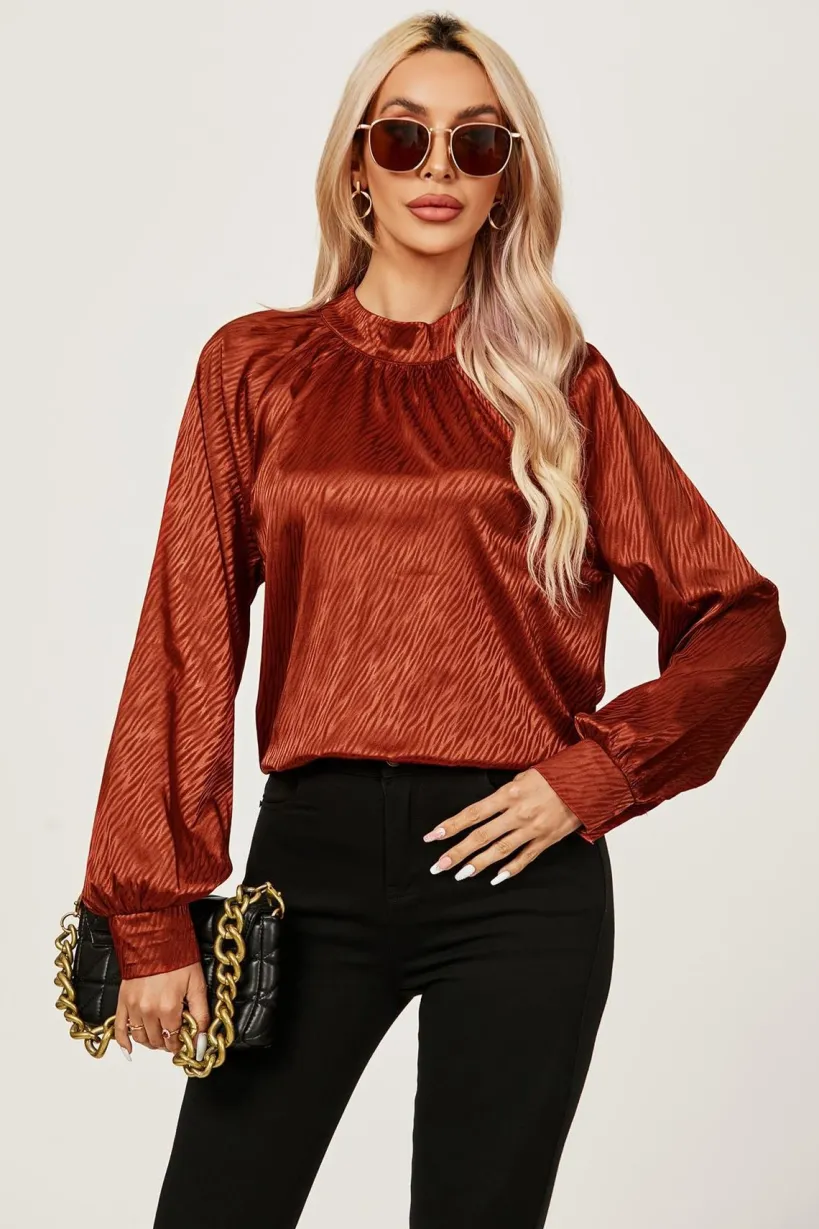 Halter Neck Satin Long Sleeve Blouse Top In Copper Red by FS Collection