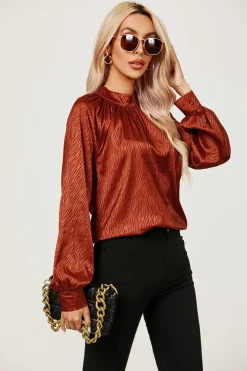 Halter Neck Satin Long Sleeve Blouse Top In Copper Red by FS Collection