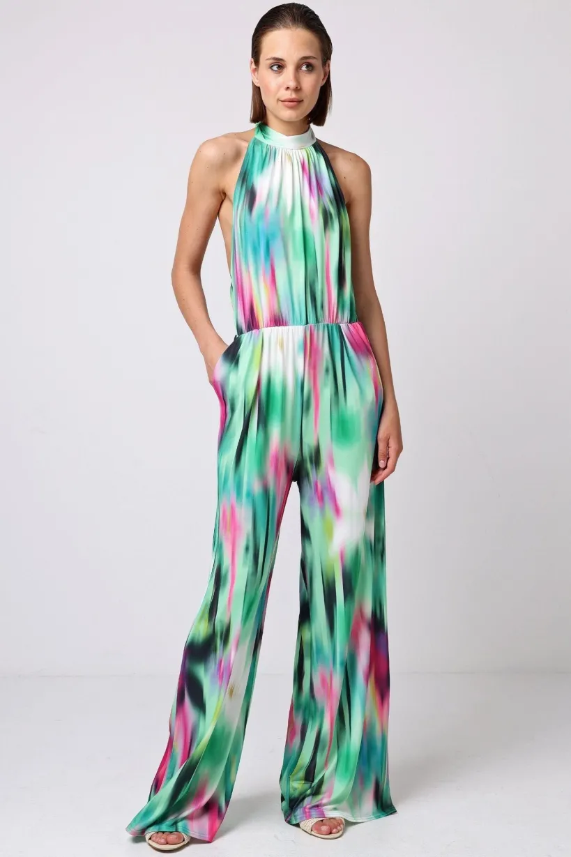 Halterneck Jumpsuit With Elasticated Waist In Brush Stroke Print by Angeleye