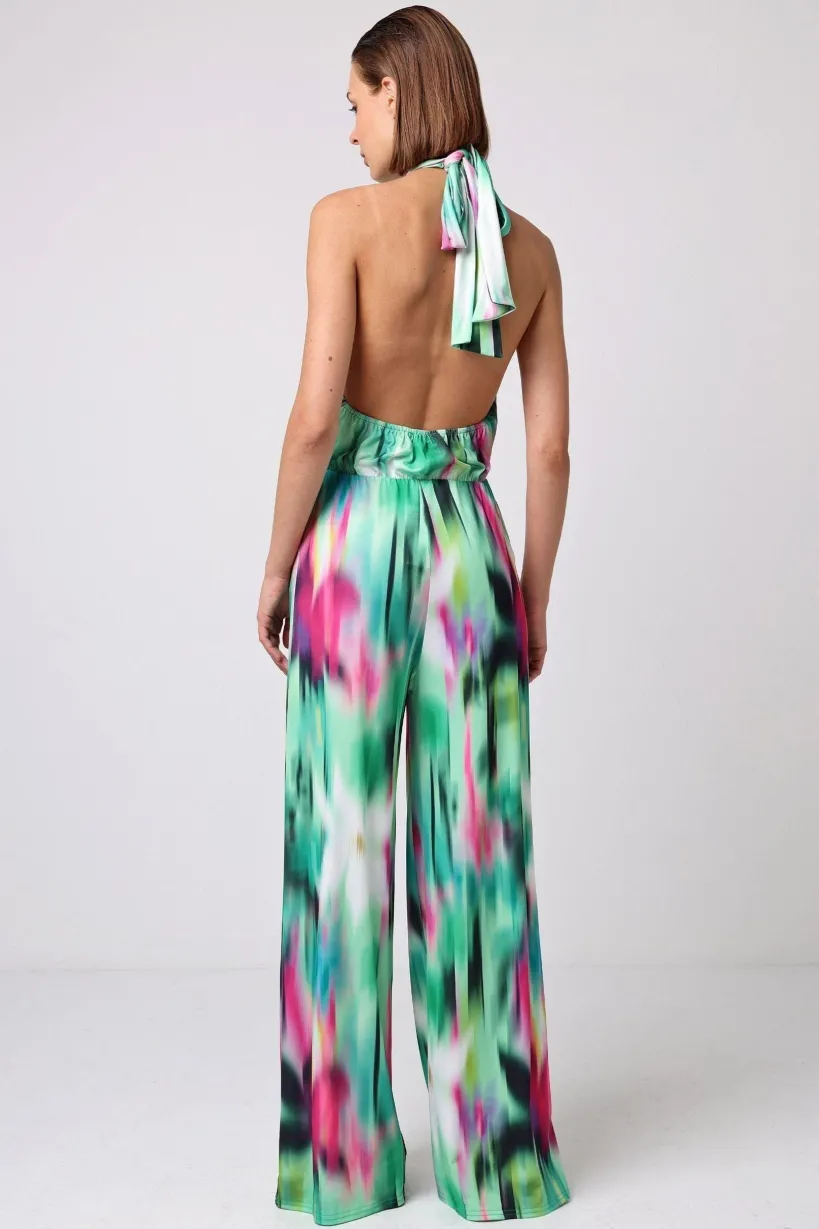 Halterneck Jumpsuit With Elasticated Waist In Brush Stroke Print by Angeleye