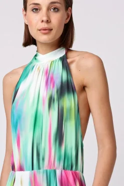 Halterneck Jumpsuit With Elasticated Waist In Brush Stroke Print by Angeleye