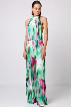 Halterneck Jumpsuit With Elasticated Waist In Brush Stroke Print by Angeleye