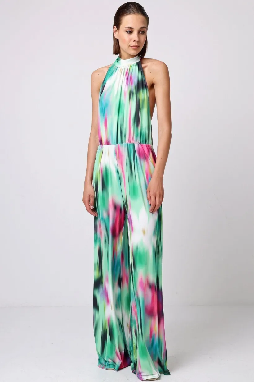 Halterneck Jumpsuit With Elasticated Waist In Brush Stroke Print by Angeleye