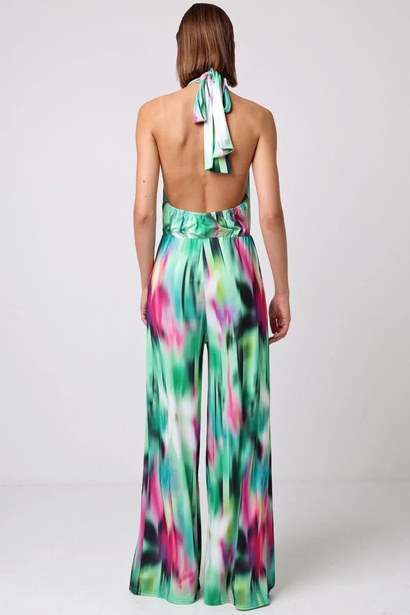 Halterneck Jumpsuit With Elasticated Waist In Brush Stroke Print by Angeleye