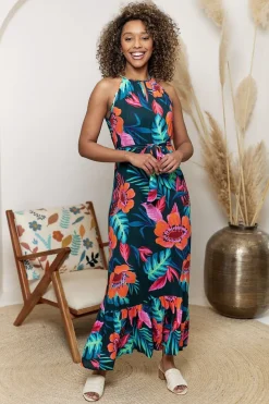 Halterneck Keyhole Maxi Dress In Tropical Print by Angeleye
