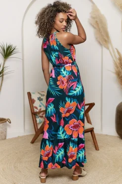 Halterneck Keyhole Maxi Dress In Tropical Print by Angeleye