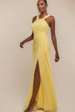 Halterneck Thigh Split Chiffon Maxi Dress - Lemon by Goddiva