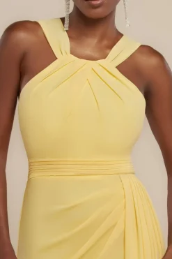 Halterneck Thigh Split Chiffon Maxi Dress - Lemon by Goddiva
