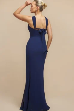 Halterneck Thigh Split Chiffon Maxi Dress - Navy Blue by Goddiva