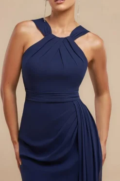 Halterneck Thigh Split Chiffon Maxi Dress - Navy Blue by Goddiva
