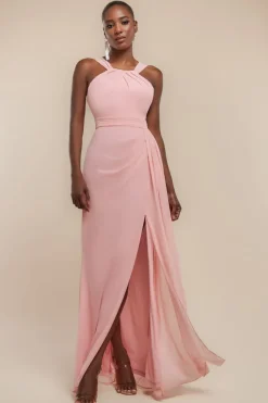 Halterneck Thigh Split Chiffon Maxi Dress - Blush Pink by Goddiva
