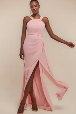Halterneck Thigh Split Chiffon Maxi Dress - Blush Pink by Goddiva